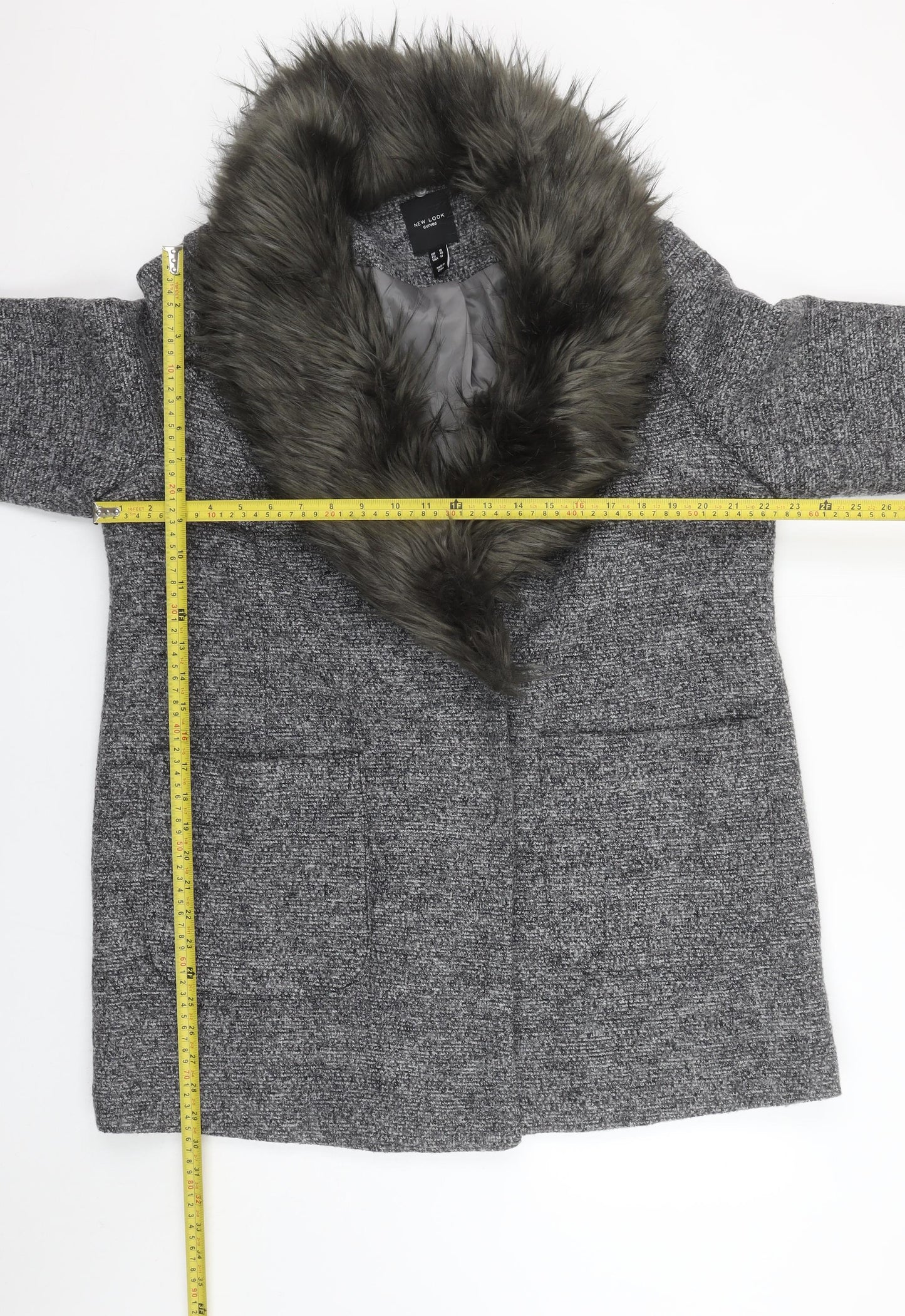 New Look Curves Women’s Grey Faux Fur Collar Wool Blend Coat Size 18