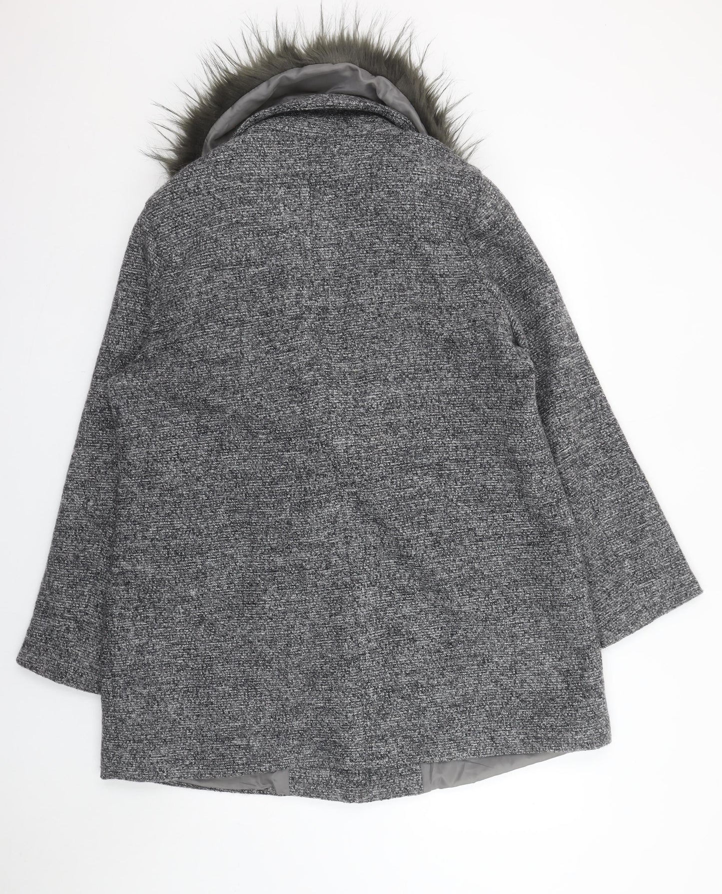 New Look Curves Women’s Grey Faux Fur Collar Wool Blend Coat Size 18