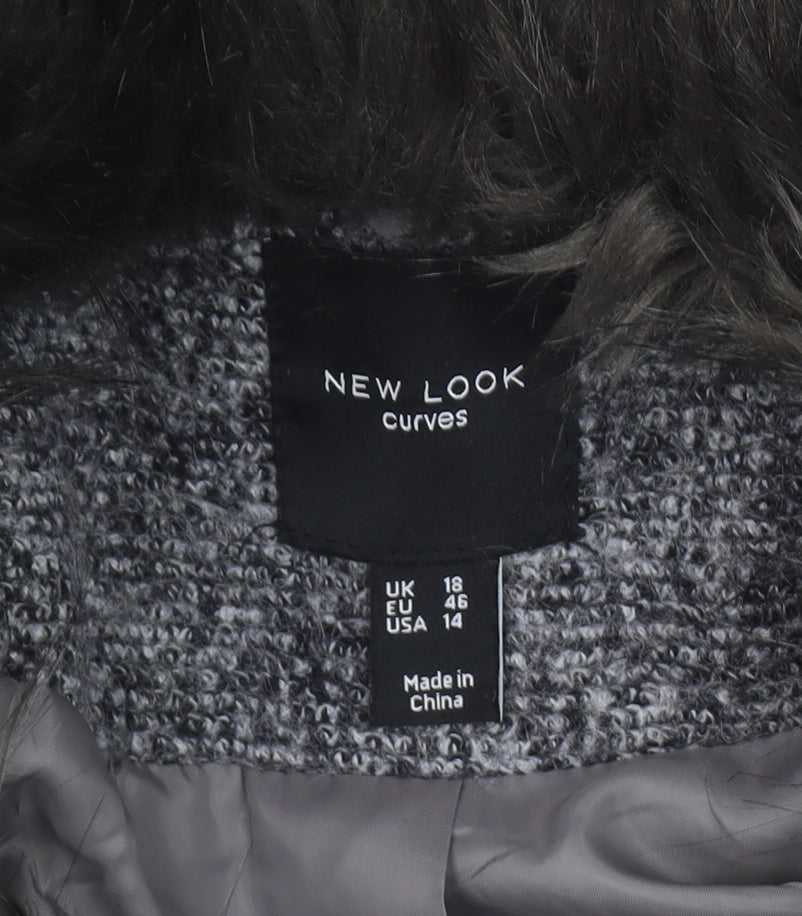New Look Curves Women’s Grey Faux Fur Collar Wool Blend Coat Size 18