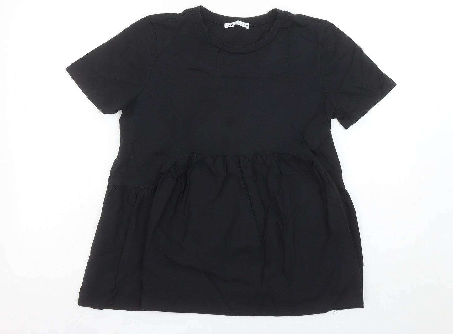 Zara Women’s Black Cotton Tunic Blouse Size 8 Short Sleeve