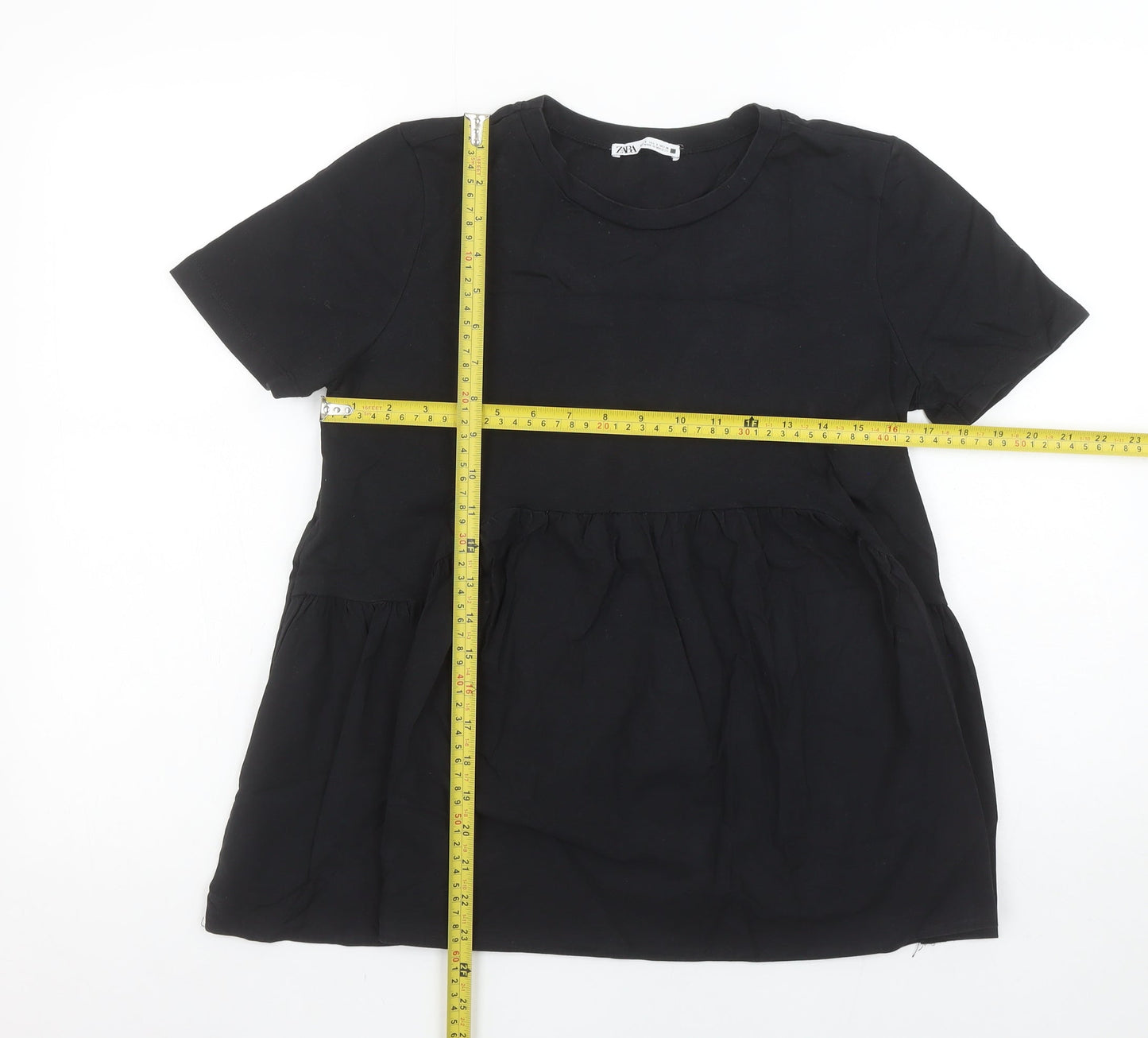 Zara Women’s Black Cotton Tunic Blouse Size 8 Short Sleeve
