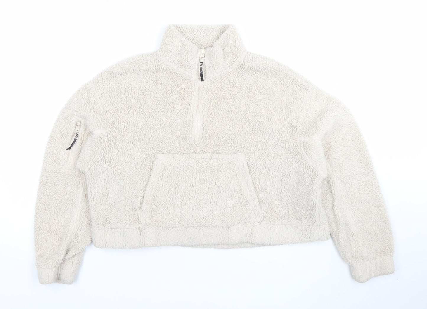 Bershka Women Beige 1/4 Zip Fleece Pullover Sweatshirt Size S