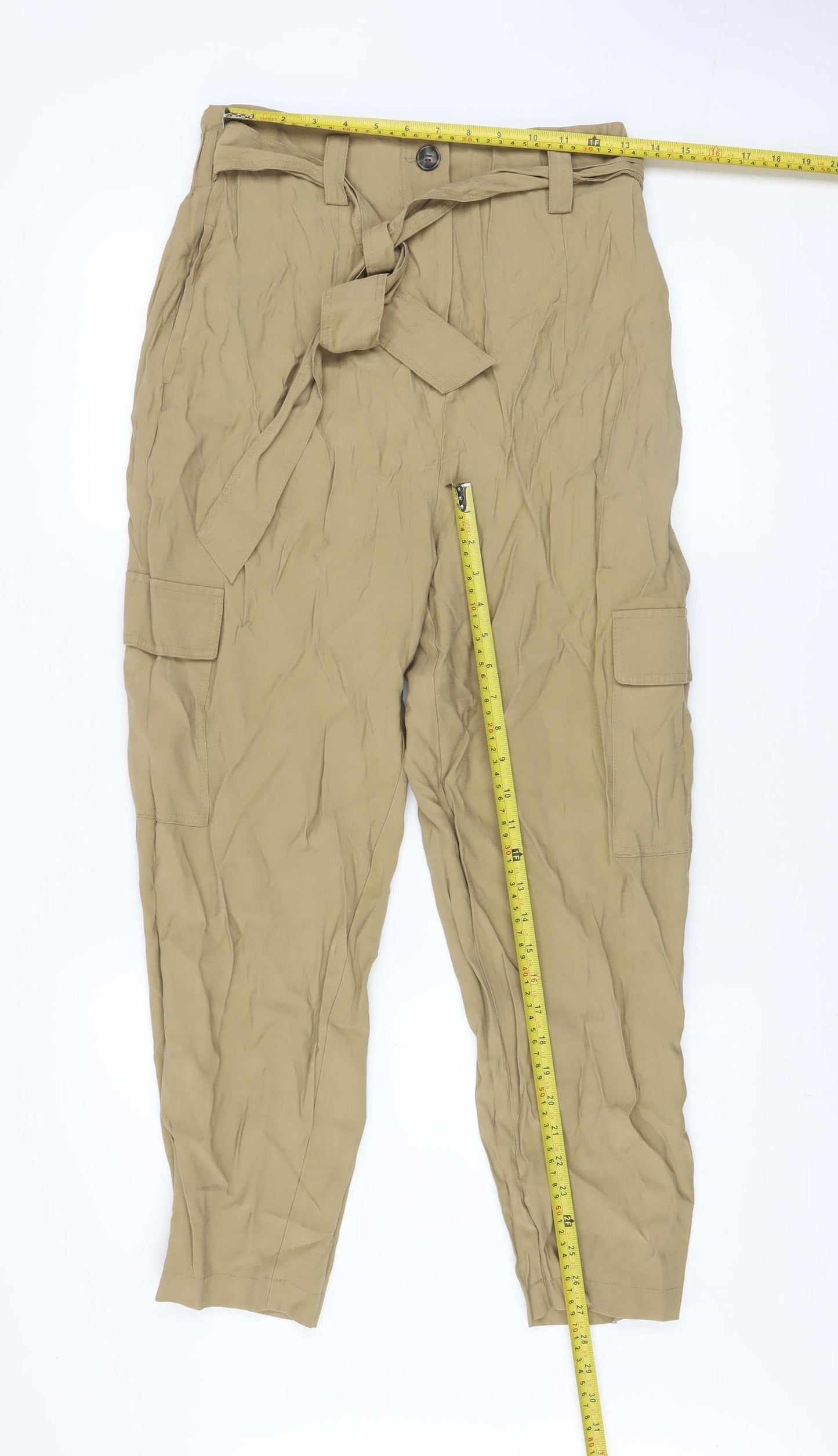 Dunnes Women’s Beige Cargo Belted High Rise Tapered Trousers Size 12