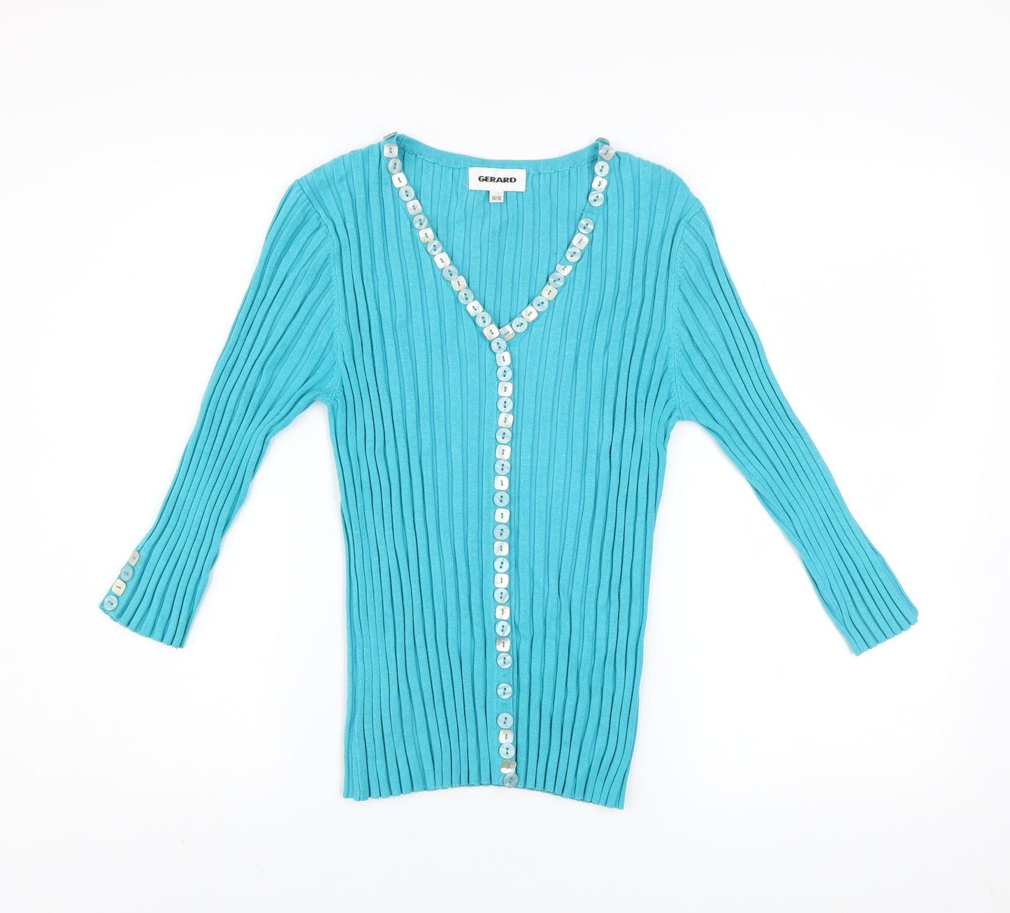 Gerard Women’s Blue Ribbed V-Neck Button Cardigan Size 14