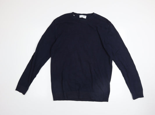 SELECTED HOMME Men's Blue Cotton Crew Neck Jumper Size L Classic Fit