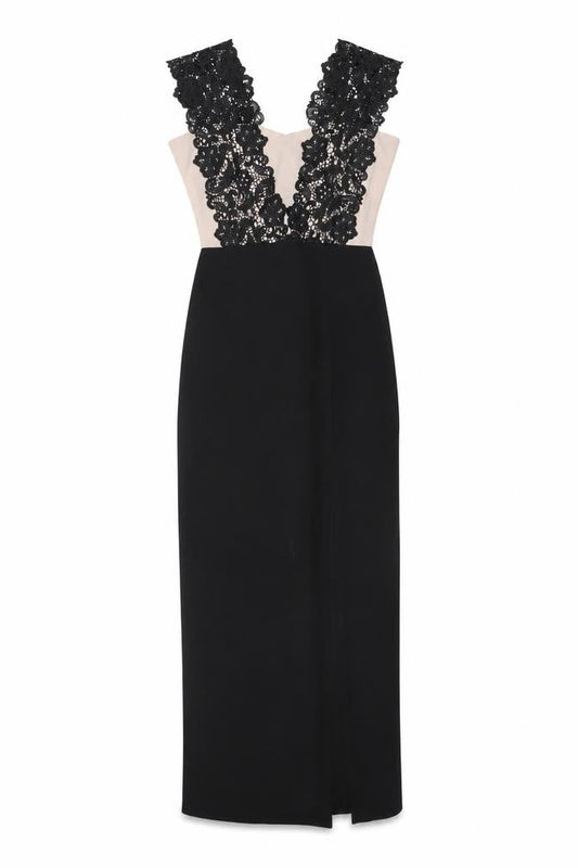 Jessica Women’s Black Beige Lace Sheath V-Neck Long Dress Size 10