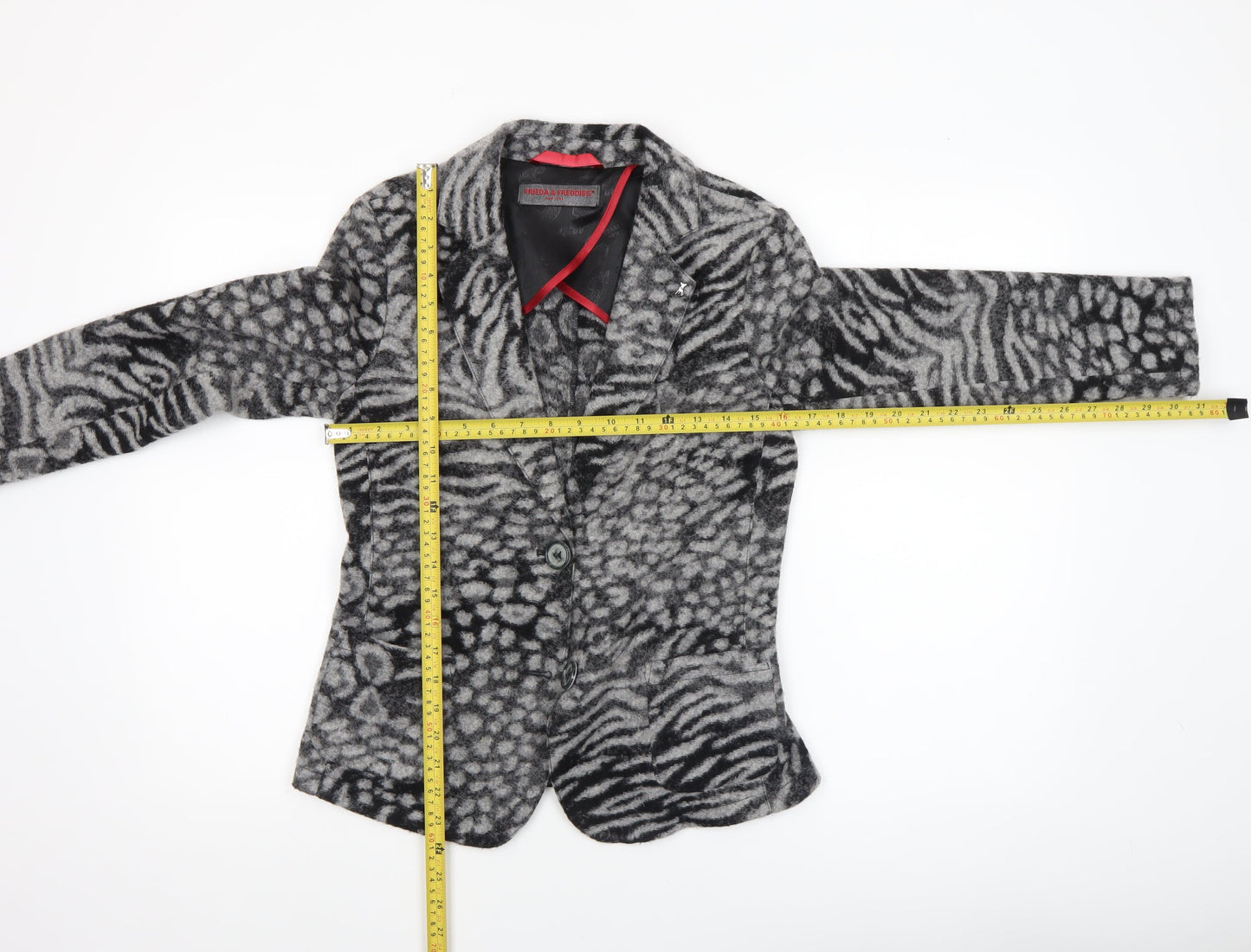 Frieda & Freddies Women Grey Animal Print Wool Blend Blazer Size 10