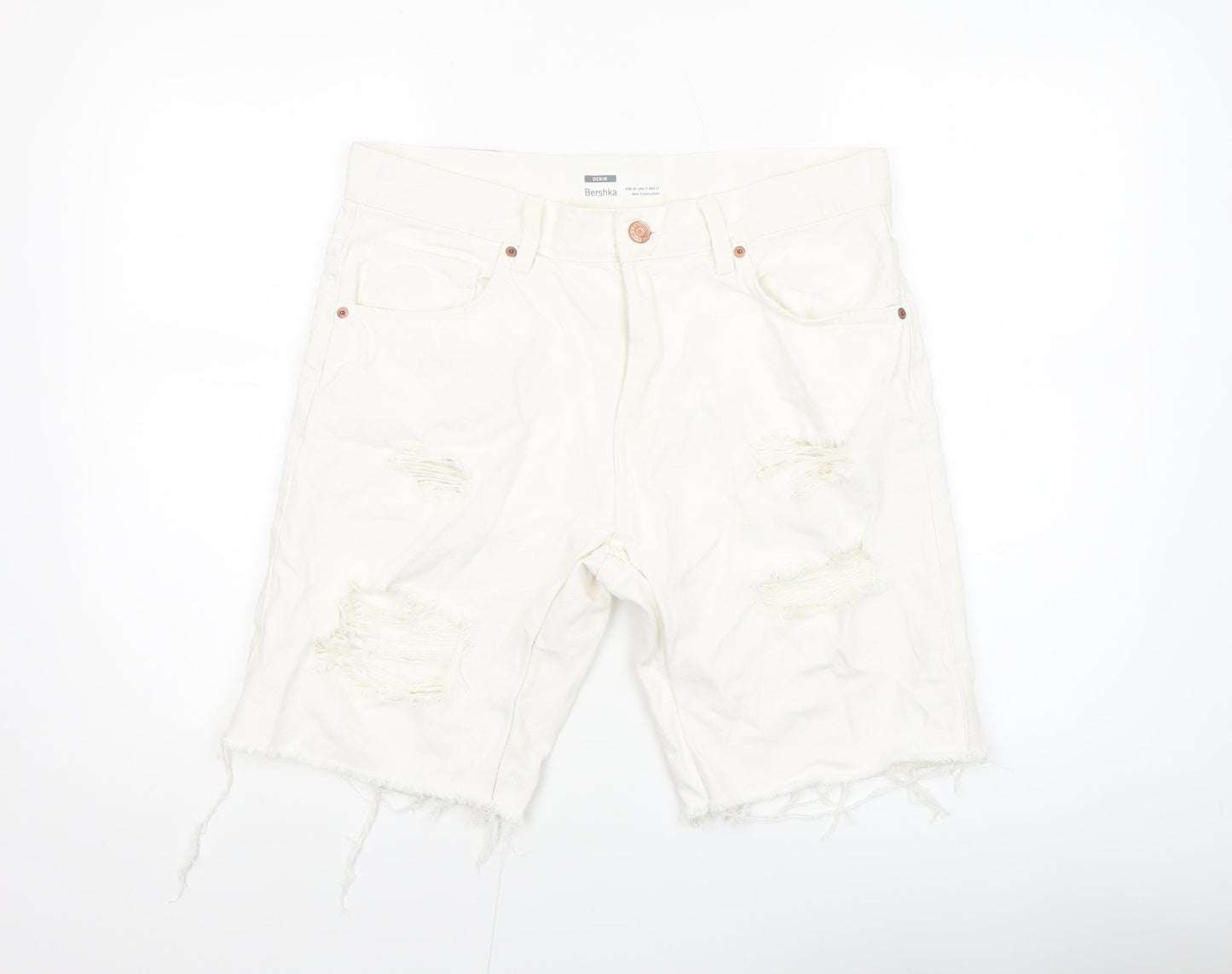 Bershka Men's White Distressed Denim Shorts Size M 31in Casual Summer
