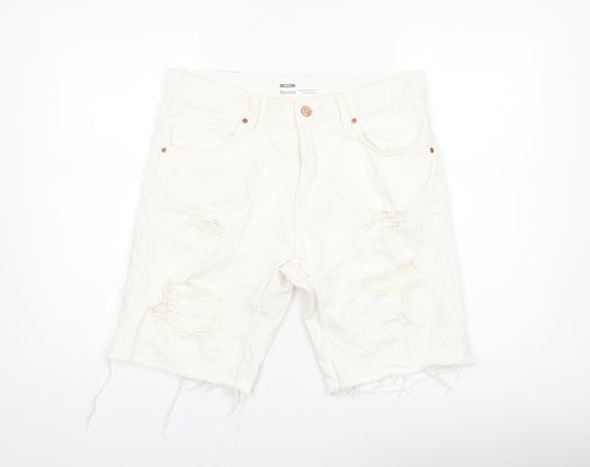 Bershka Men's White Distressed Denim Shorts Size M 31in Casual Summer
