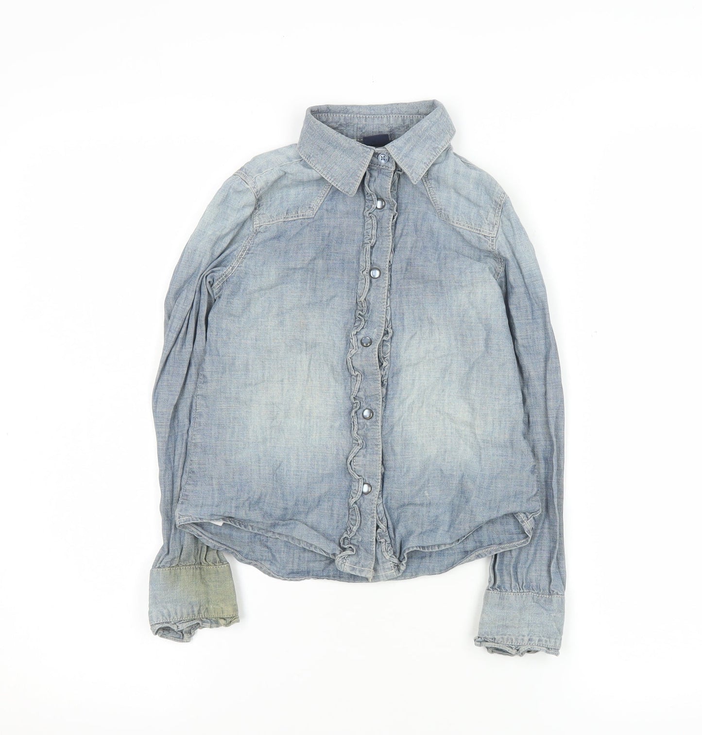 GapKids Girls Blue Denim Button-Up Ruffle Shirt Long Sleeve 7 Years