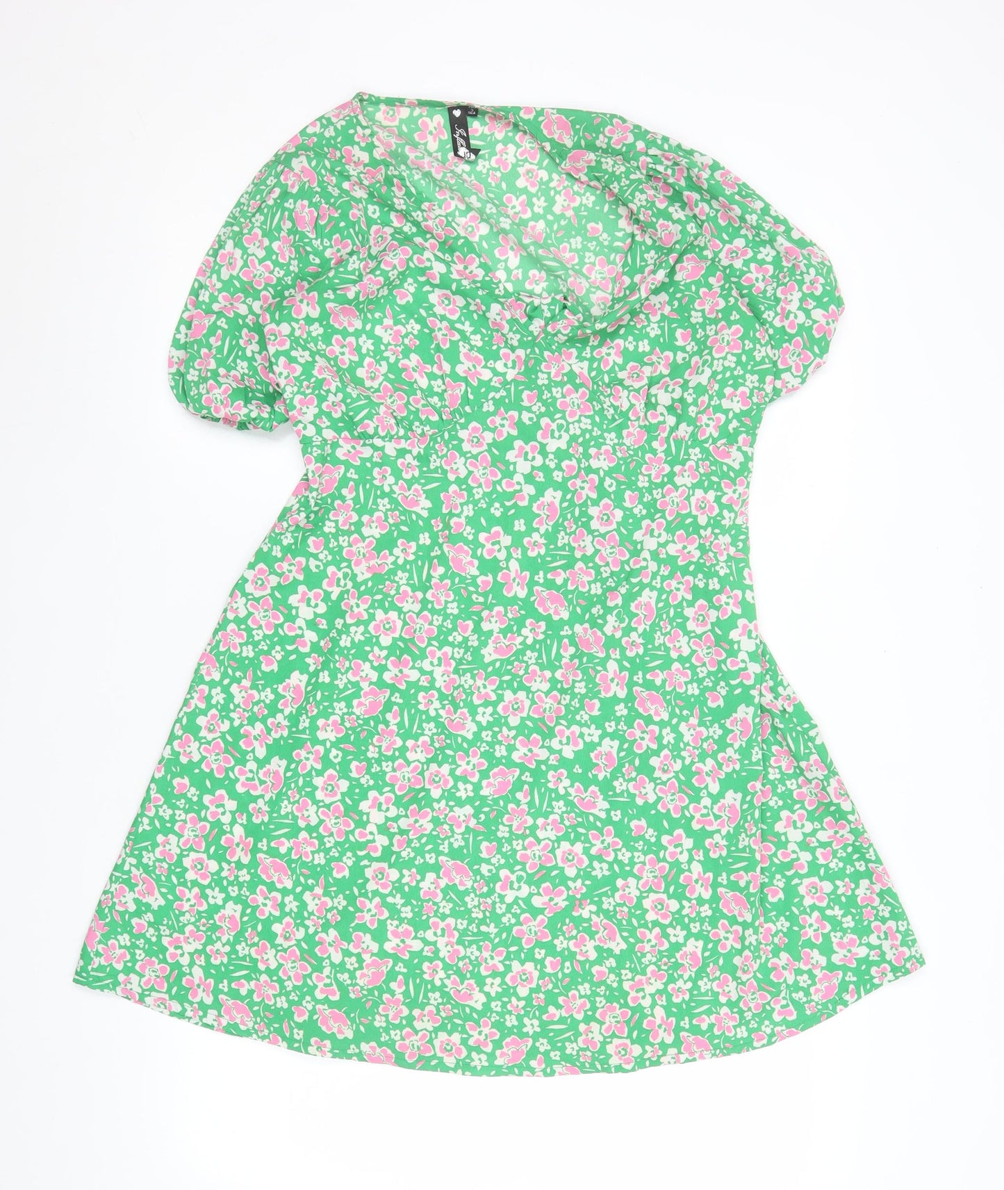 Influence Women’s Green Floral Short A-Line Puff Sleeve Dress Size 10