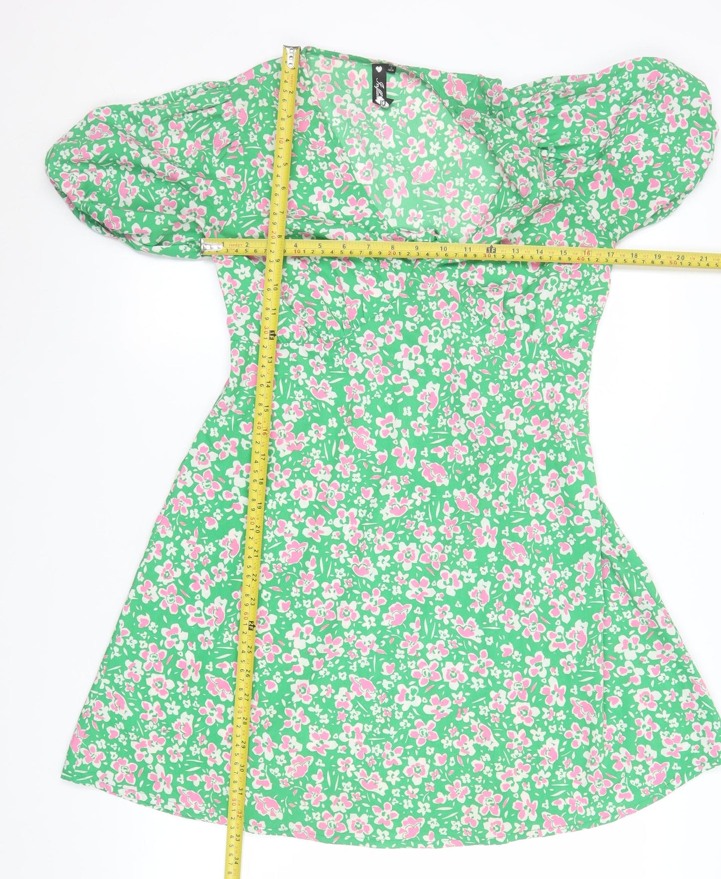 Influence Women’s Green Floral Short A-Line Puff Sleeve Dress Size 10