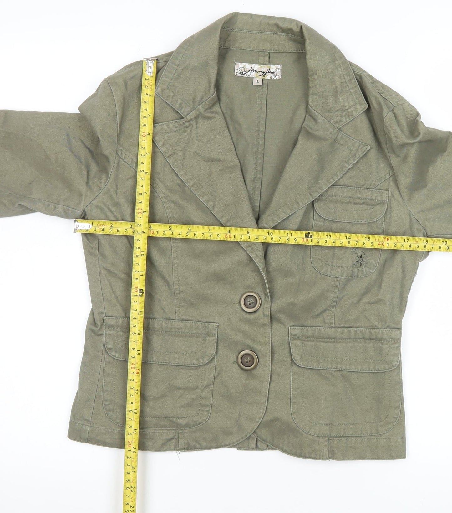 Jennyfer Women's Khaki Cotton Two-Button Blazer Jacket L