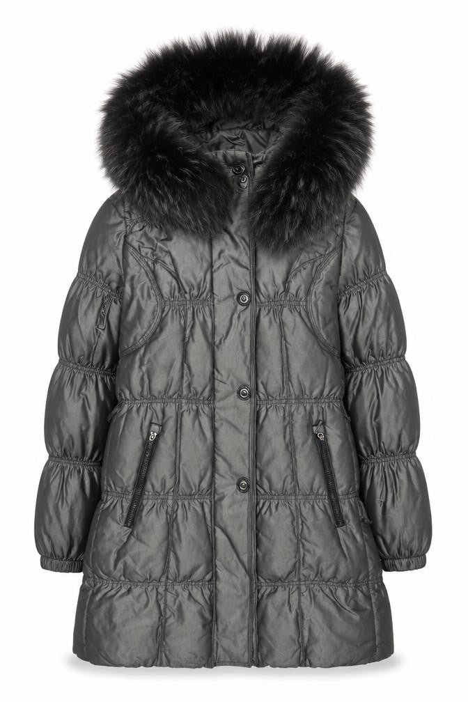 Snowimage Women's Grey Fur Trim Long Puffer Coat Size S