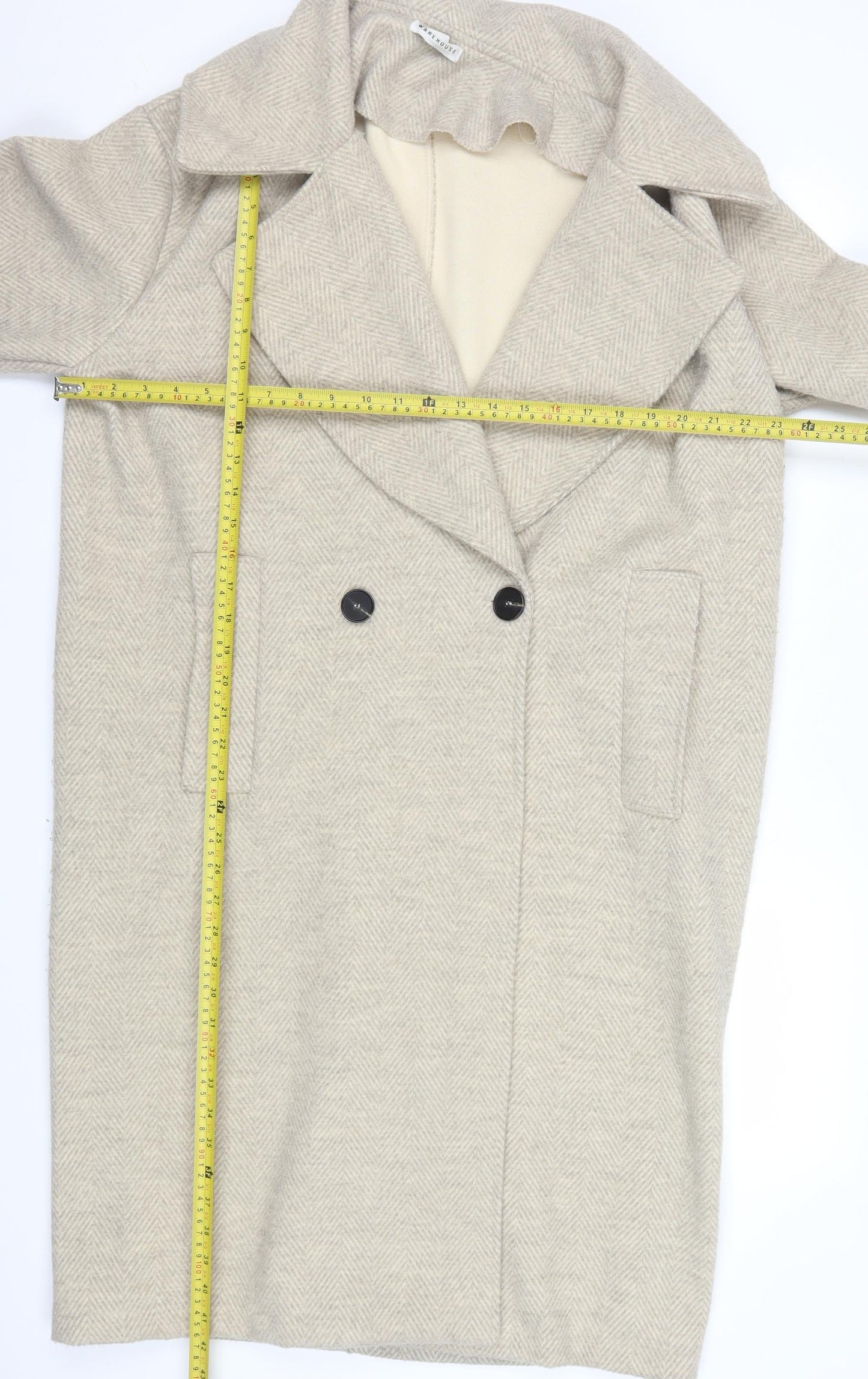 Warehouse Women’s Beige Herringbone Long Coat XS Classic Overcoat