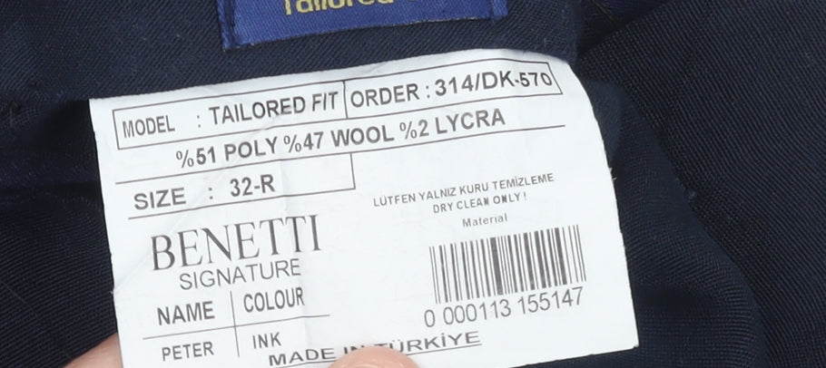 Benetti Men's Blue Tailored Fit Wool Blend Dress Trousers 32R