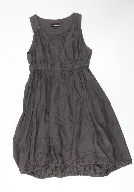Warehouse Women's Grey Cotton Knee Length Sleeveless V-Neck Dress Size 10