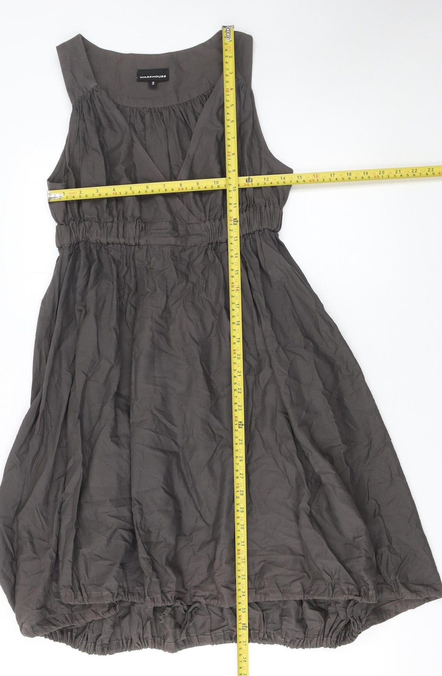 Warehouse Women's Grey Cotton Knee Length Sleeveless V-Neck Dress Size 10