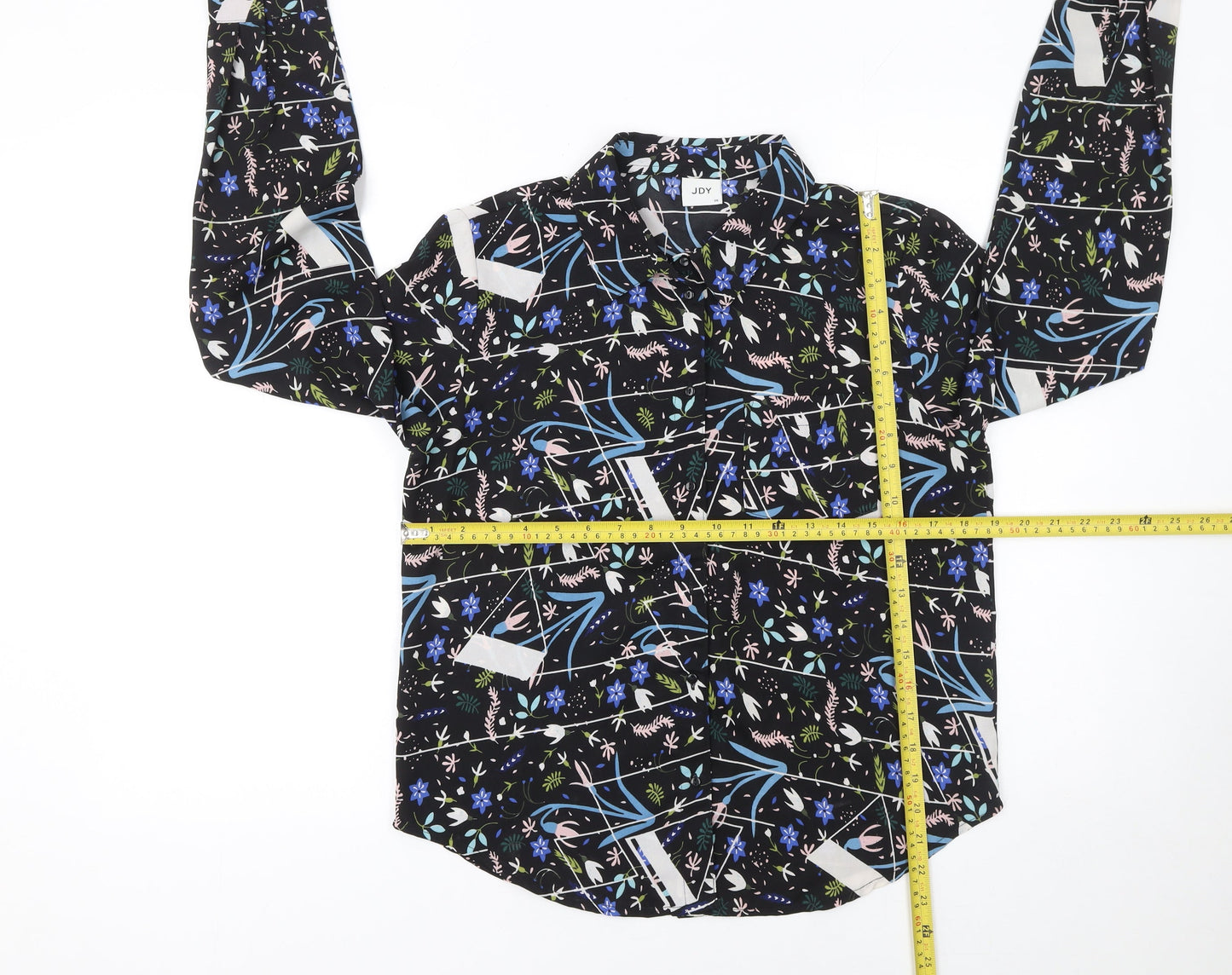 JDY Women's Black Floral Button-Up Long Sleeve Polyester Shirt Size 8
