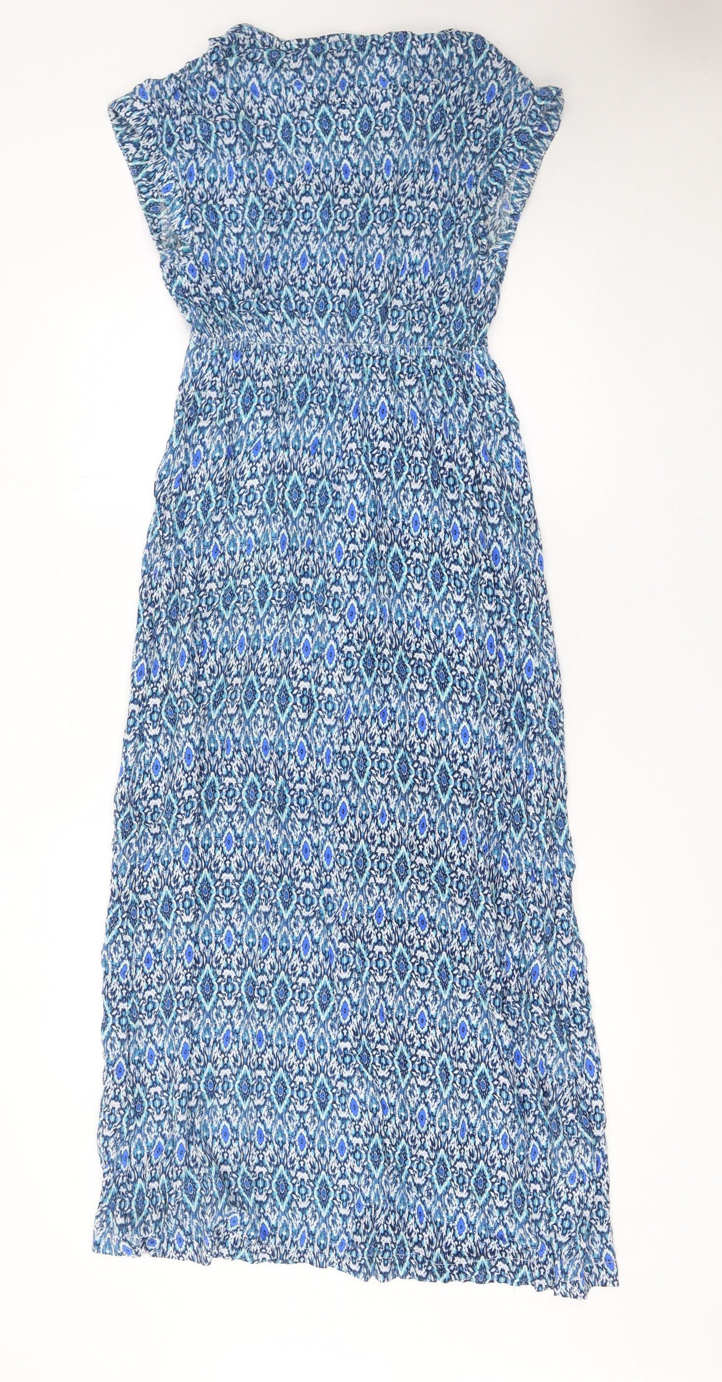 H&M Women's Blue Geometric V-Neck Midi Fit & Flare Dress Size 8