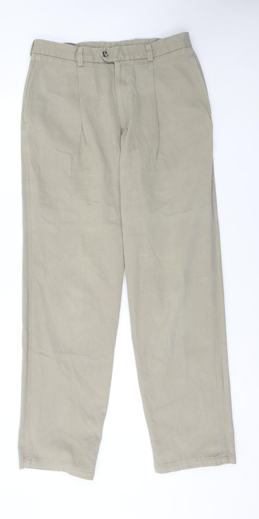 GB Men's Beige Cotton Chino Trousers 34L Pleated Front Regular Fit
