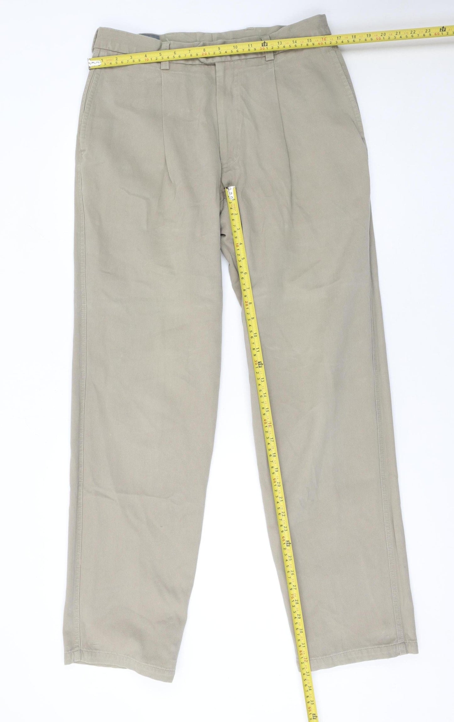 GB Men's Beige Cotton Chino Trousers 34L Pleated Front Regular Fit