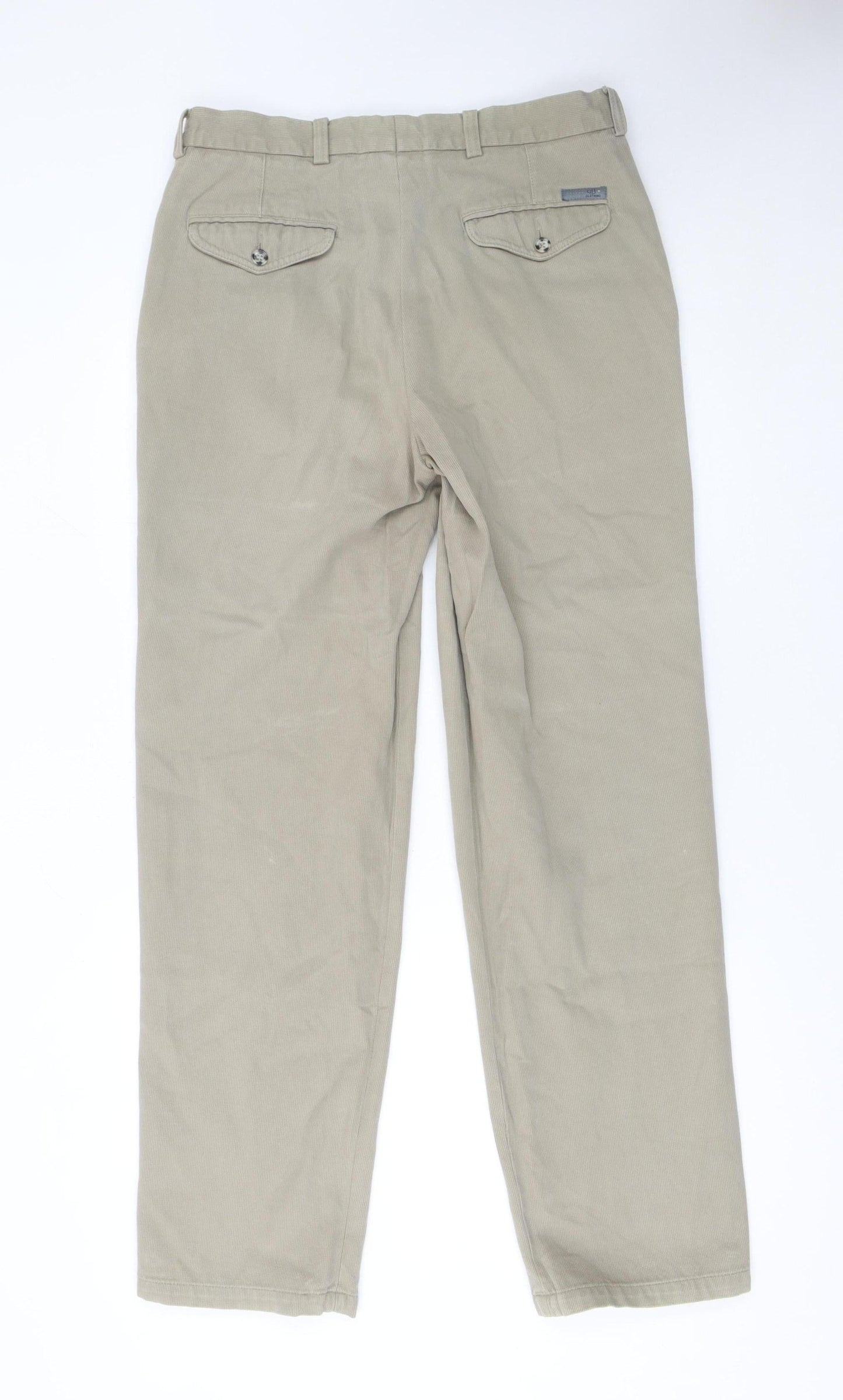 GB Men's Beige Cotton Chino Trousers 34L Pleated Front Regular Fit