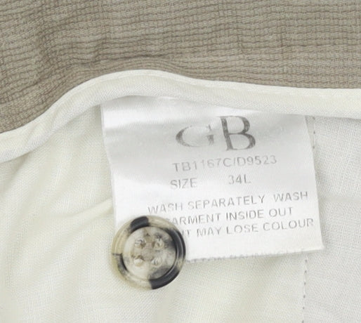 GB Men's Beige Cotton Chino Trousers 34L Pleated Front Regular Fit