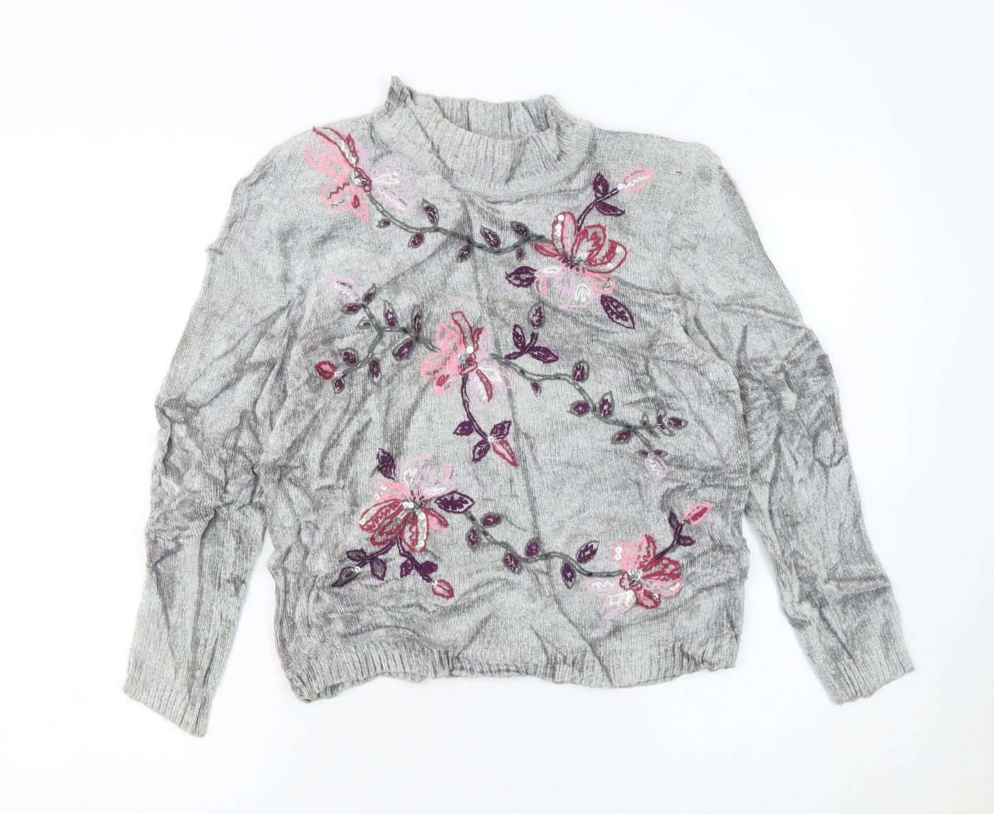 Alfred Dunner Women's Grey Floral Embroidered Mock Neck Petite L Jumper