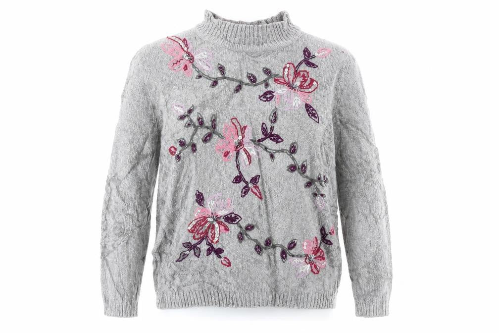 Alfred Dunner Women's Grey Floral Embroidered Mock Neck Petite L Jumper