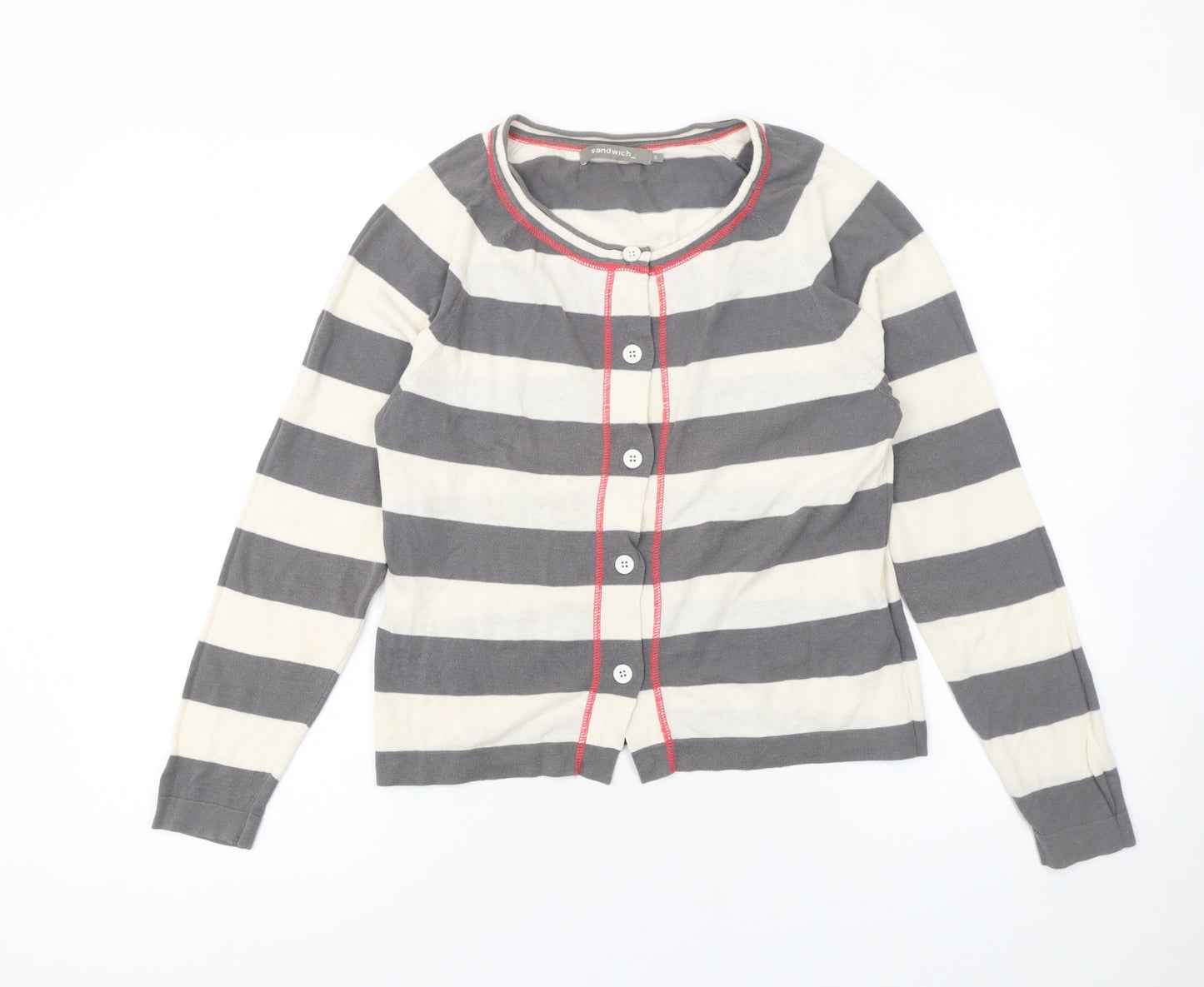Sandwich Womens Grey Striped Cardigan Small Cotton Crew Neck