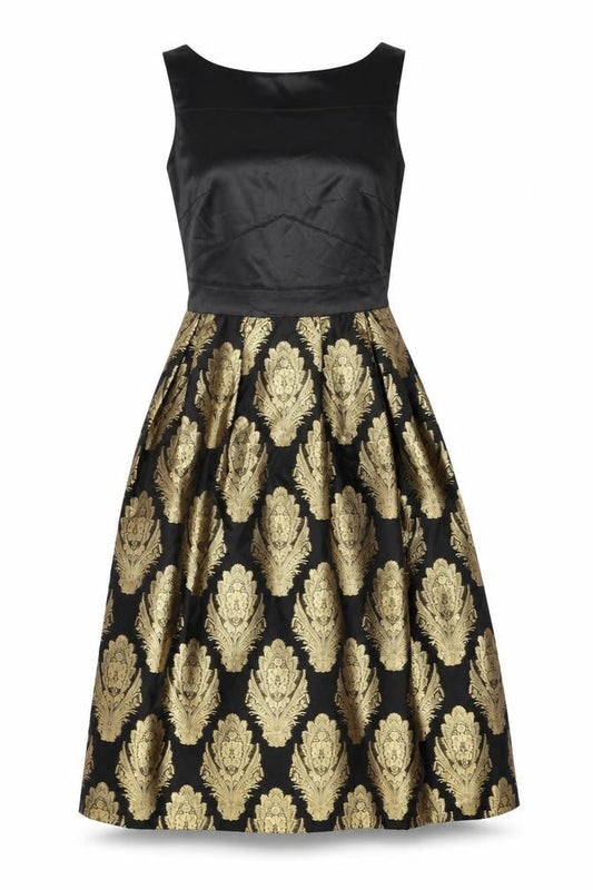 Oasis Women’s Black Gold Fit & Flare Jacquard Dress Size 8