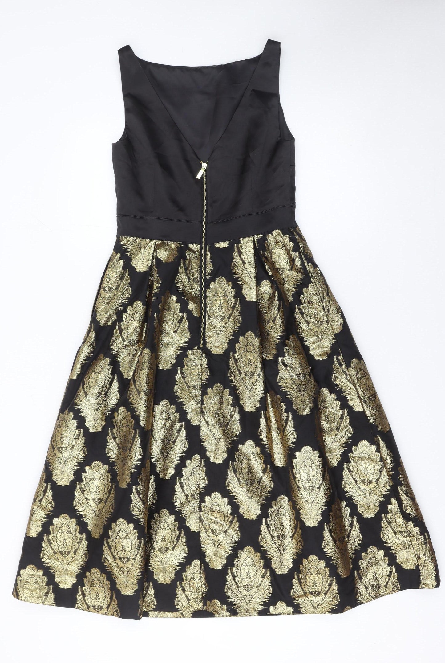 Oasis Women’s Black Gold Fit & Flare Jacquard Dress Size 8