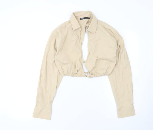Zara Women Beige Cropped Collared Long Sleeve Blouse M