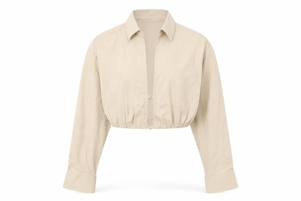 Zara Women Beige Cropped Collared Long Sleeve Blouse M