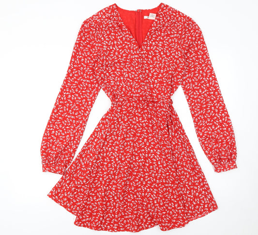 Glamorous Women Red Floral Wrap Dress Size 6 Long Sleeve