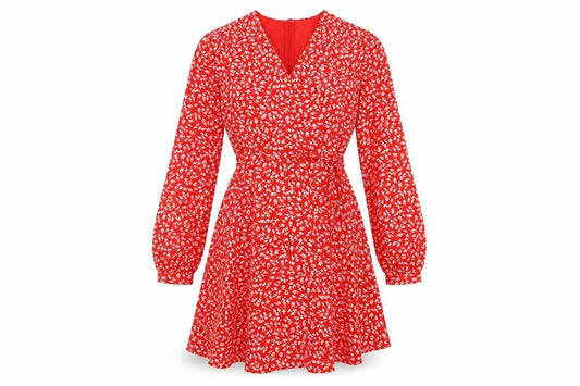 Glamorous Women Red Floral Wrap Dress Size 6 Long Sleeve