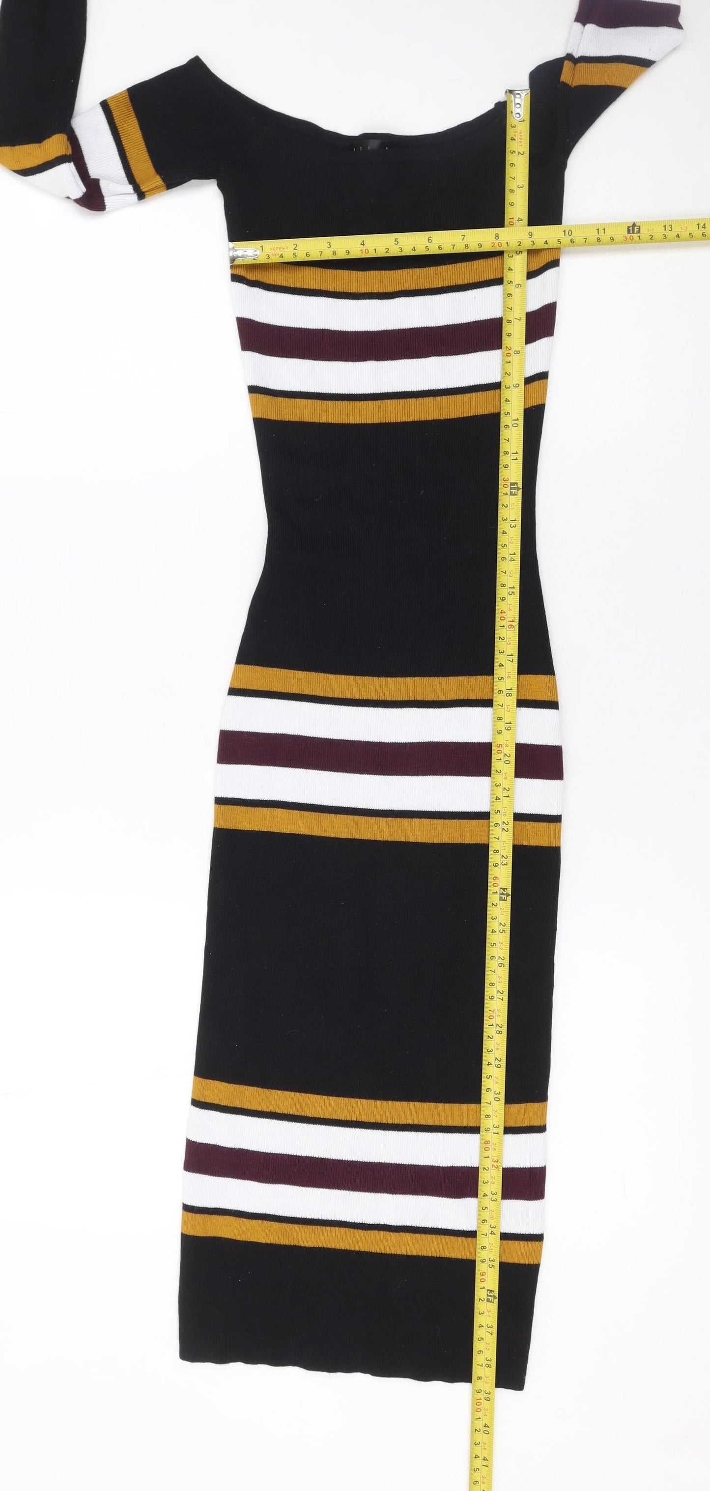LU NYC Women Black Striped Midi Bodycon Dress XS