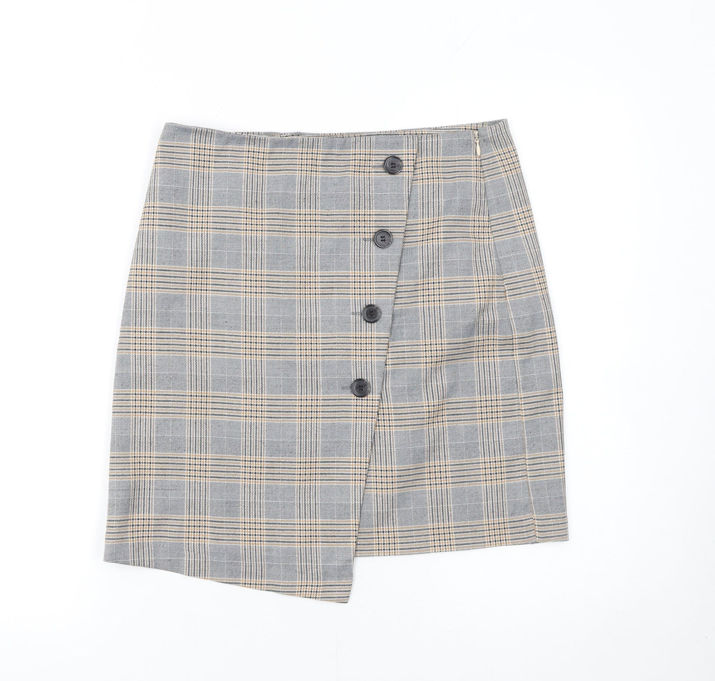 Next Women Grey Plaid Asymmetric Button Mini Skirt Size 8