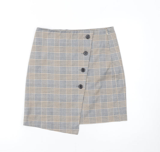 Next Women Grey Plaid Asymmetric Button Mini Skirt Size 8