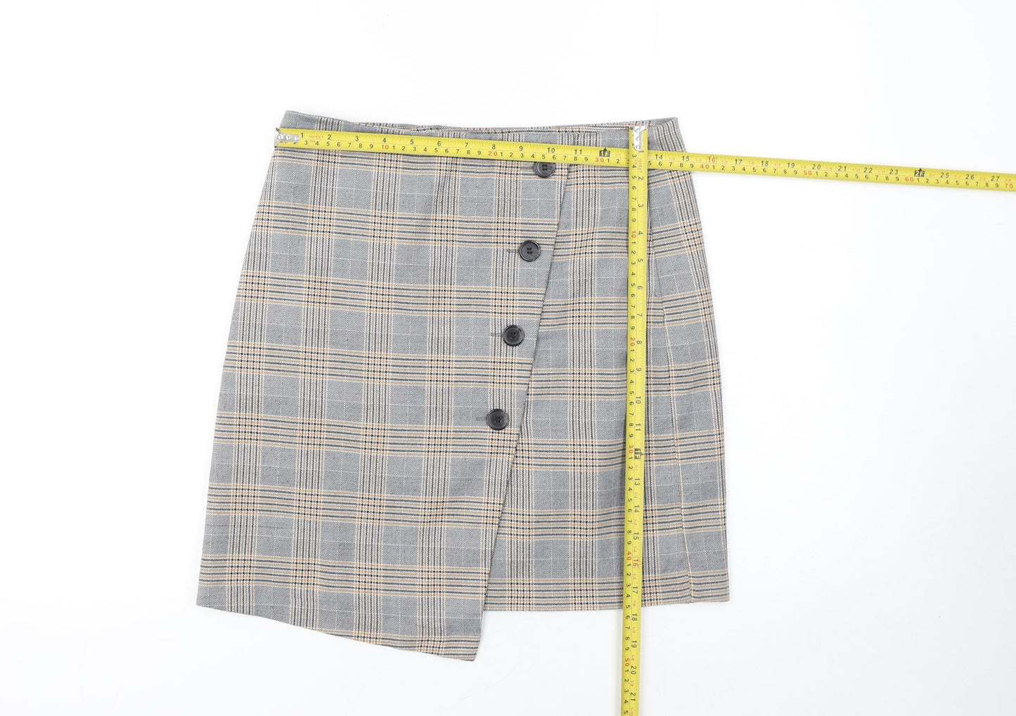 Next Women Grey Plaid Asymmetric Button Mini Skirt Size 8
