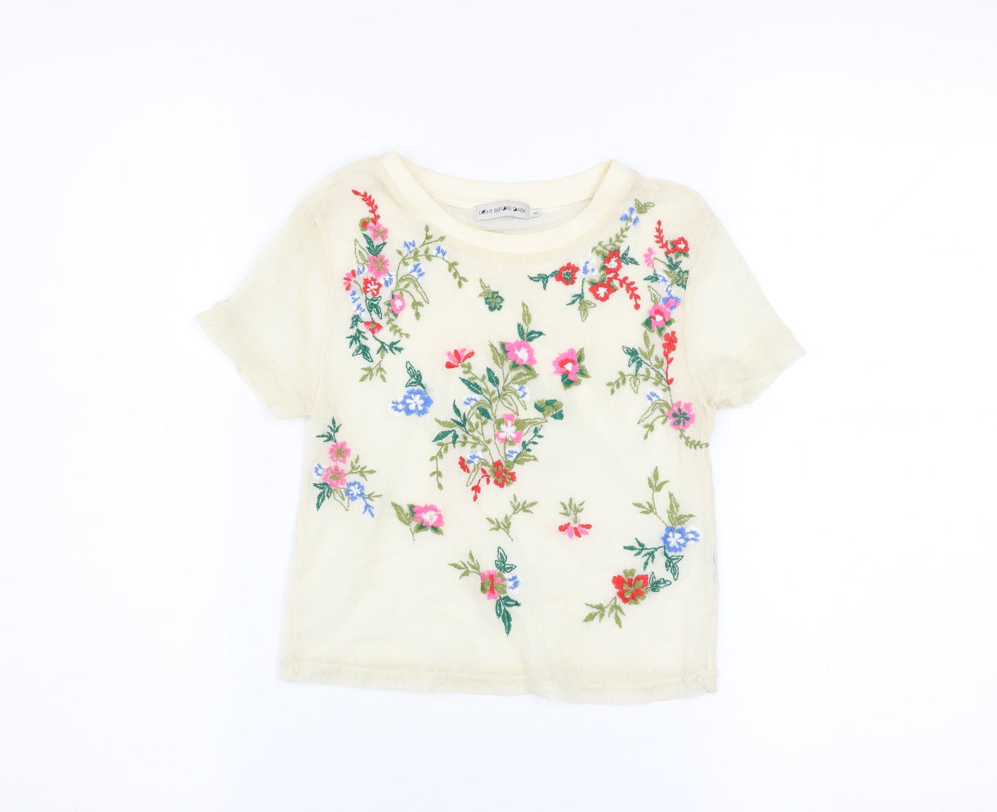 Light Before Dark Womens Beige Embroidered Floral Mesh Cropped T-Shirt XS