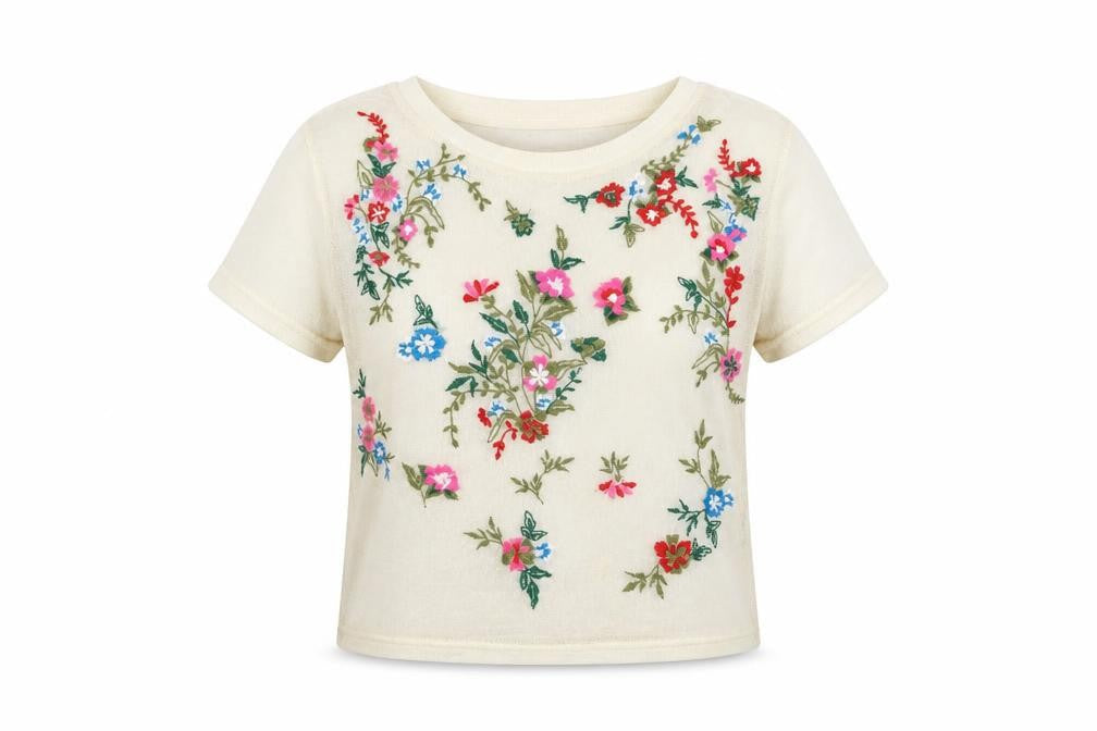 Light Before Dark Womens Beige Embroidered Floral Mesh Cropped T-Shirt XS