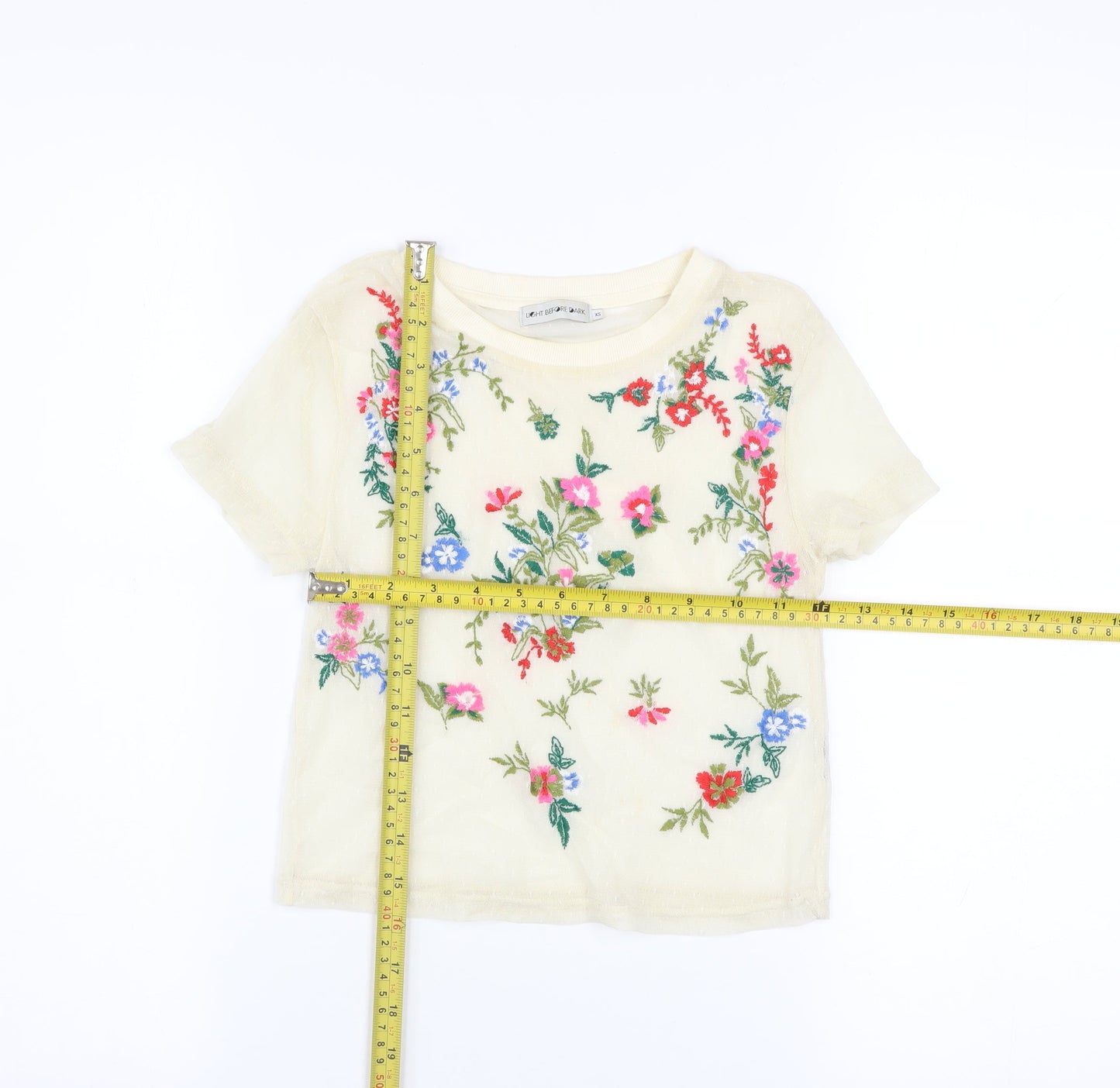 Light Before Dark Womens Beige Embroidered Floral Mesh Cropped T-Shirt XS