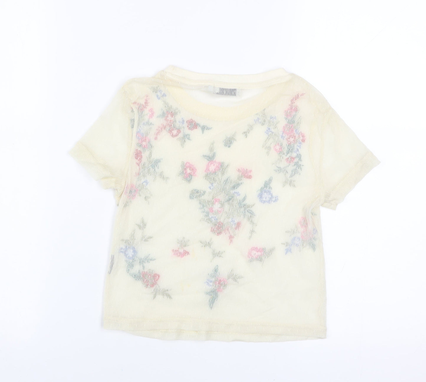 Light Before Dark Womens Beige Embroidered Floral Mesh Cropped T-Shirt XS
