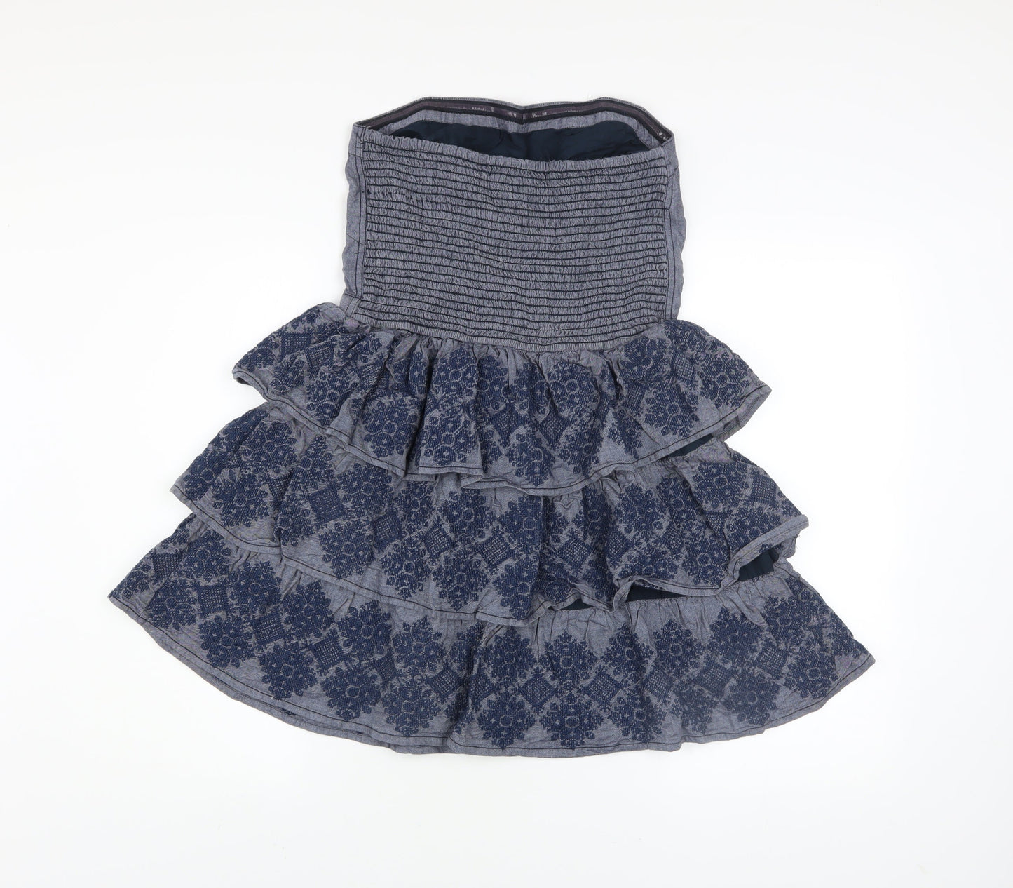 Superdry Women Blue Strapless Ruffle Chambray Dress Size L