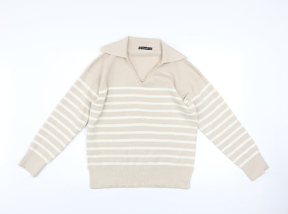 Additional front view of Dunnes Men’s Beige Striped Collared jumper, size S