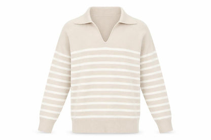 Front view of Dunnes Men’s Beige Striped Collared jumper, size S