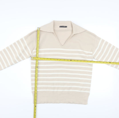 Back view of Dunnes Men’s Beige Striped Collared jumper, size S