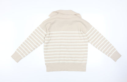 Close-up detail of Dunnes Men’s Beige Striped Collared jumper, size S